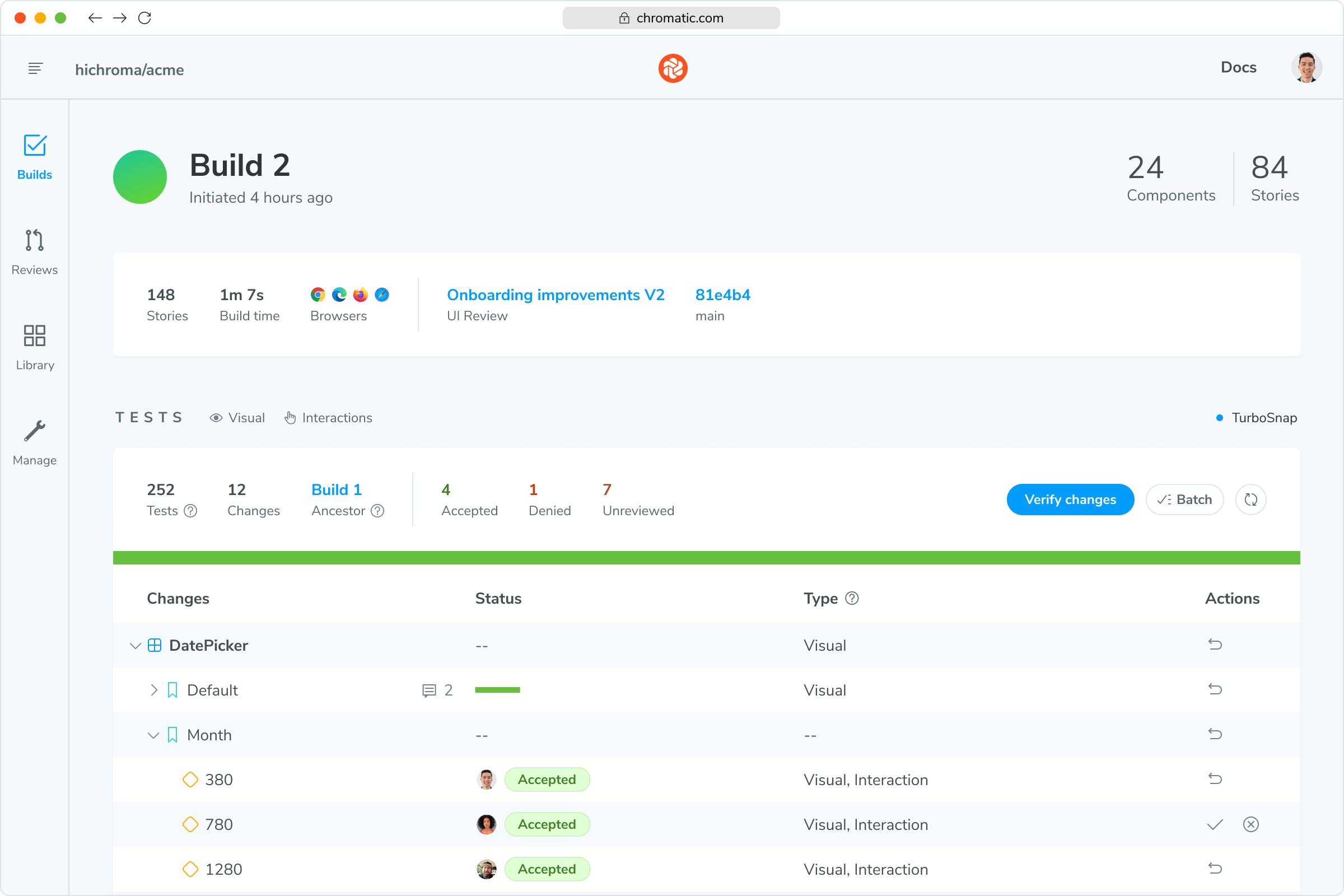 screenshot of an approved build in the Chromatic webapp